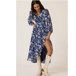 New Anthropologie Hutch Geo Floral Wrap Maxi Dress $198 LARGE PETITE Blue